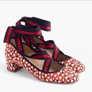 J. Crew Lace-Up Block Heel Pump Silk Red Heart Print Navy Shoes Women’s Size 9.5